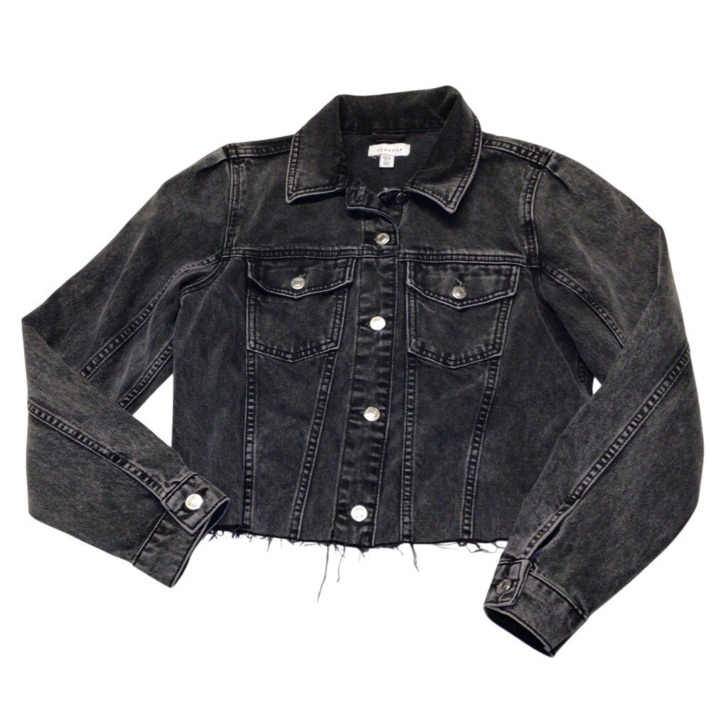 Topshop Denim Jacket Womens US 6 Black Cropped Raw Hem Punk Grunge Edgy Street